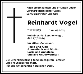 Traueranzeige von Reinhardt Vogel von Frankenpost