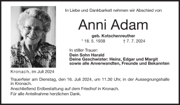 Traueranzeige von Anni Adam von Neue Presse Coburg