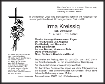 Traueranzeige von Irma Kreissig von Frankenpost