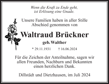 Traueranzeige von Waltraud Brückner von Südthüringer Presse