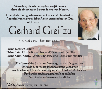Traueranzeige von Gerhard Greifzu von Südthüringer Presse