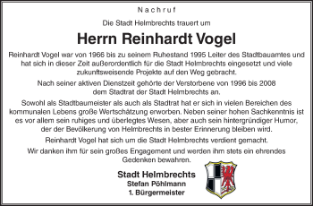 Traueranzeige von Reinhardt Vogel von Frankenpost