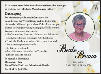 Traueranzeige von Beate Braun von Südthüringer Presse