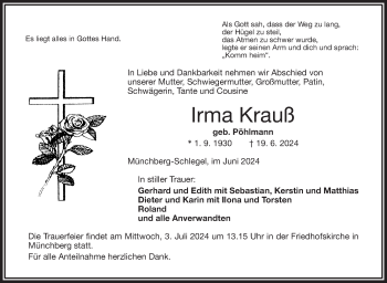 Traueranzeige von Irma Krauß von Frankenpost