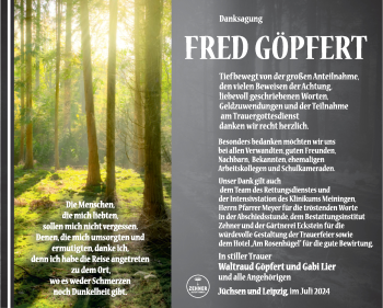 Traueranzeige von Fred Göpfert von Südthüringer Presse