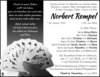 Traueranzeige von Norbert Rempel von Südthüringer Presse