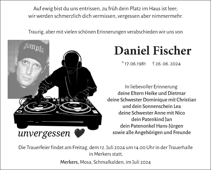  Traueranzeige für Daniel Fischer vom 09.07.2024 aus Südthüringer Presse