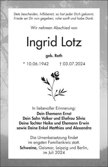 Traueranzeige von Ingrid Lotz von Südthüringer Presse
