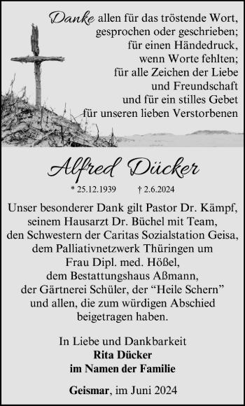 Traueranzeige von Alfred Dücker von Südthüringer Presse