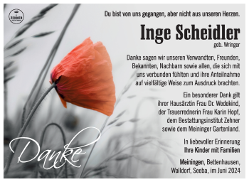 Traueranzeige von Inge Scheidler von Südthüringer Presse