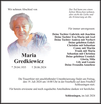 Traueranzeige von Maria Gredkiewicz von Südthüringer Presse