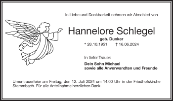Traueranzeige von Hannelore Schlegel von Frankenpost