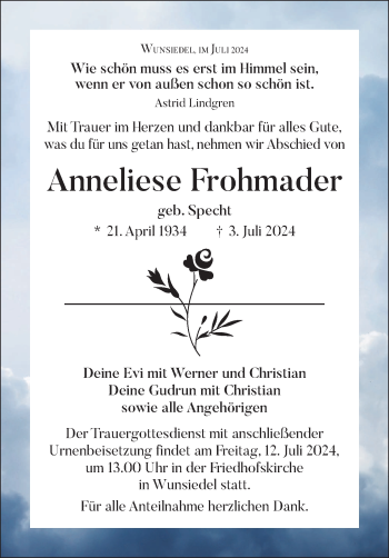 Traueranzeige von Anneliese Frohmader von Frankenpost