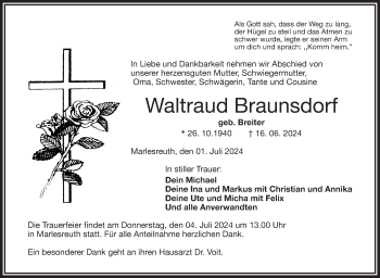 Traueranzeige von Waltraud Braunsdorf von Frankenpost