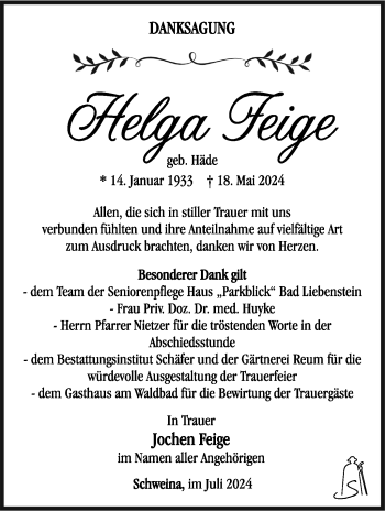 Traueranzeige von Helga Feige von Südthüringer Presse