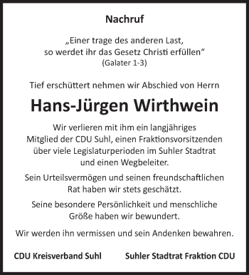 Traueranzeige von Hans-Jürgen Wirthwein von Südthüringer Presse