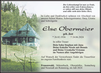 Traueranzeige von Else Obermeier von Südthüringer Presse