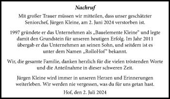 Traueranzeige von Jürgen Kleine von Frankenpost