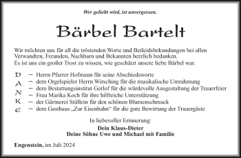 Traueranzeige von Bärbel Bartelt von Südthüringer Presse