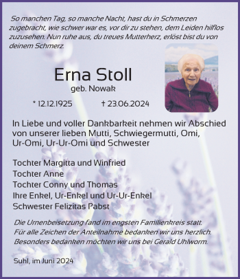 Traueranzeige von Erna Stoll von Südthüringer Presse