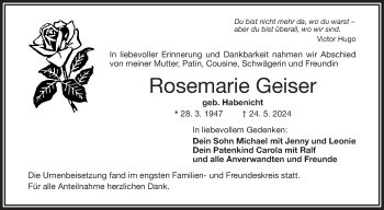 Traueranzeige von Rosemarie Geiser von Frankenpost