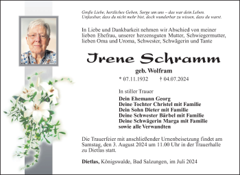 Traueranzeige von Irene Schramm von Südthüringer Presse