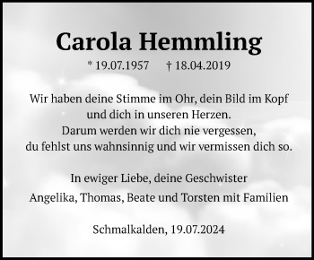 Traueranzeige von Carola Hemmling von Südthüringer Presse
