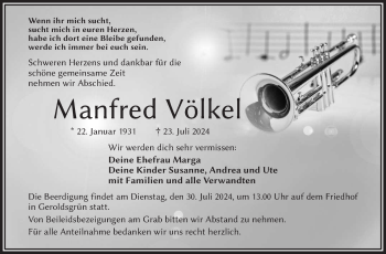 Traueranzeige von Manfred Völkel von Frankenpost