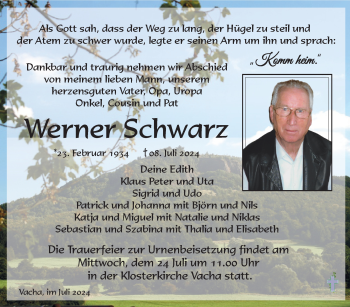 Traueranzeige von Werner Schwarz von Südthüringer Presse