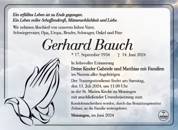 Traueranzeige von Gerhard Bauch von Südthüringer Presse