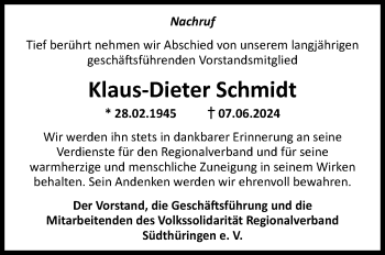 Traueranzeige von Klaus-Dieter Schmidt von Südthüringer Presse