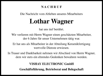 Traueranzeige von Lothar Wagner von Frankenpost