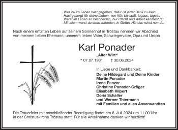 Traueranzeige von Karl Ponader von Frankenpost