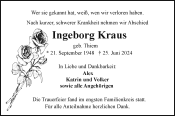 Traueranzeige von Ingeborg Kraus von Frankenpost
