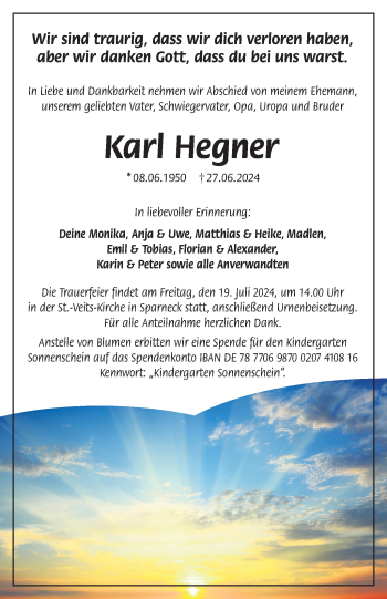 Traueranzeige von Karl Hegner von Frankenpost