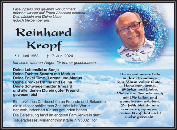 Traueranzeige von Reinhard Kropf von Frankenpost