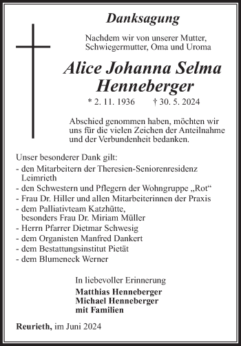Traueranzeige von Alice Henneberger von Südthüringer Presse