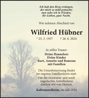 Traueranzeige von Wilfried Hübner von Südthüringer Presse