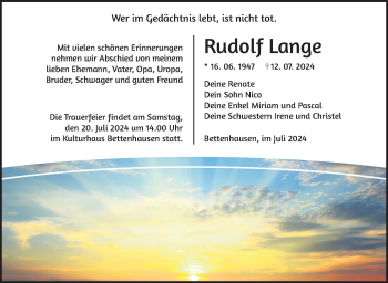 Traueranzeige von Rudolf Lange von Südthüringer Presse