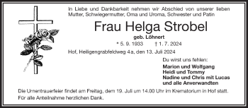 Traueranzeige von Helga Strobel von Frankenpost