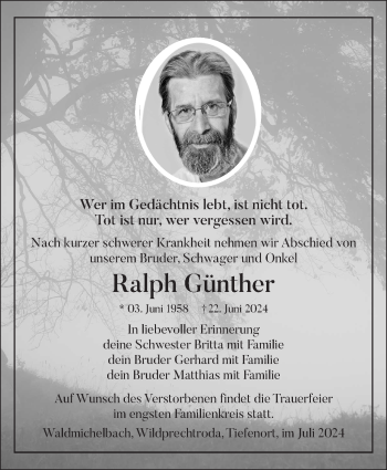 Traueranzeige von Ralph Günther von Südthüringer Presse