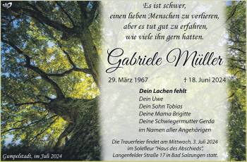 Traueranzeige von Gabriele Müller von Südthüringer Presse