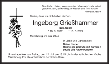 Traueranzeige von Ingeborg Grießhammer von Frankenpost