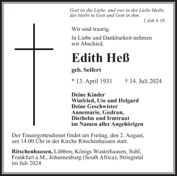 Traueranzeige von Edith Heß von Südthüringer Presse