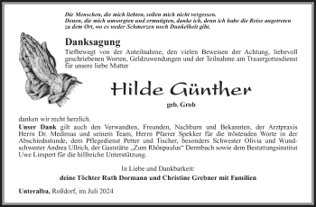 Traueranzeige von Hilde Günther von Südthüringer Presse