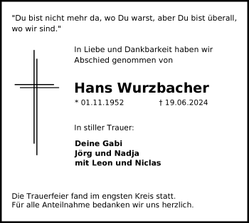 Traueranzeige von Hans Wurzbacher von Frankenpost