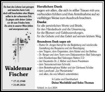 Traueranzeige von Waldemar Fischer von Südthüringer Presse