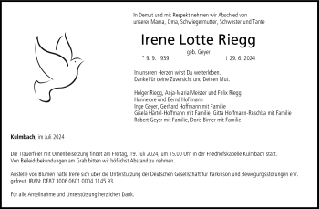 Traueranzeige von Irene Lotte Riegg von Frankenpost