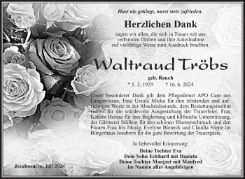 Traueranzeige von Waltraud Tröbs von Südthüringer Presse