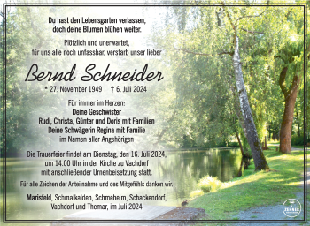 Traueranzeige von Bernd Schneider von Südthüringer Presse
